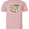 pink funny camping t-shirt featuring a green camper in the beach with a red and yellow kayak outside with a quote saying camping is my therapy