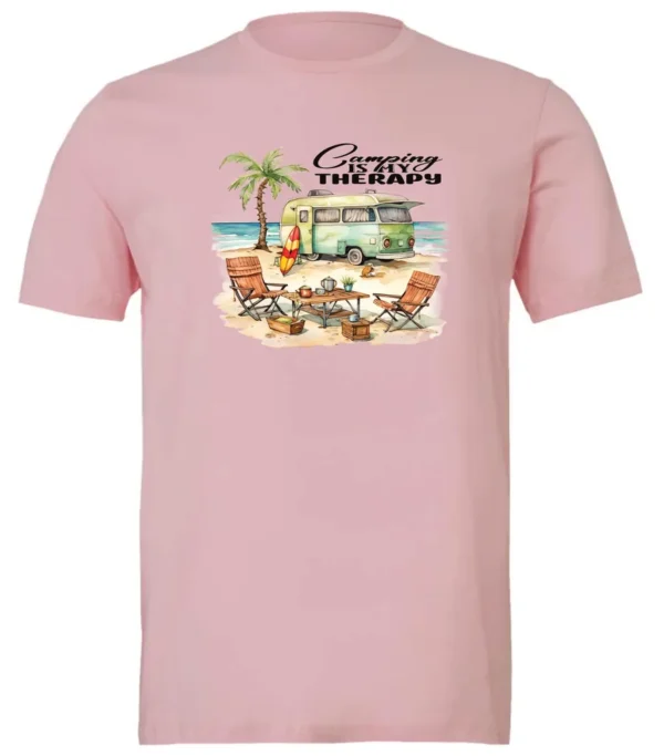 pink funny camping t-shirt featuring a green camper in the beach with a red and yellow kayak outside with a quote saying camping is my therapy