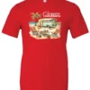 red funny camping t-shirt featuring a green camper in the beach with a red and yellow kayak outside with a quote saying camping is my therapy