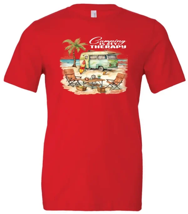 red funny camping t-shirt featuring a green camper in the beach with a red and yellow kayak outside with a quote saying camping is my therapy