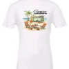 white funny camping t-shirt featuring a green camper in the beach with a red and yellow kayak outside with a quote saying camping is my therapy
