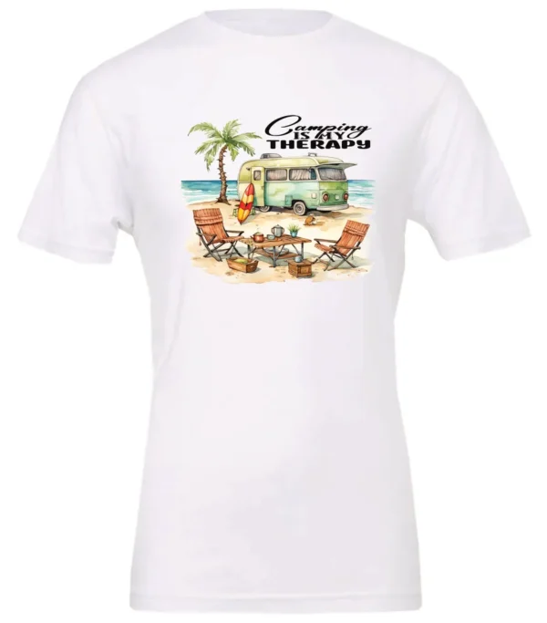 white funny camping t-shirt featuring a green camper in the beach with a red and yellow kayak outside with a quote saying camping is my therapy