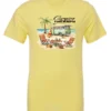 yellow funny camping t-shirt featuring a green camper in the beach with a red and yellow kayak outside with a quote saying camping is my therapy