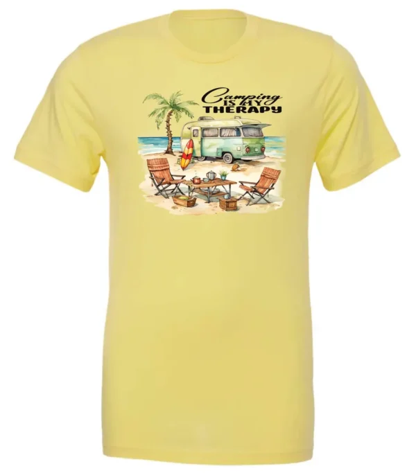 yellow funny camping t-shirt featuring a green camper in the beach with a red and yellow kayak outside with a quote saying camping is my therapy