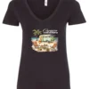 black funny camping v-neck t-shirt featuring a green camper in the beach with a red and yellow kayak outside with a quote saying camping is my therapy