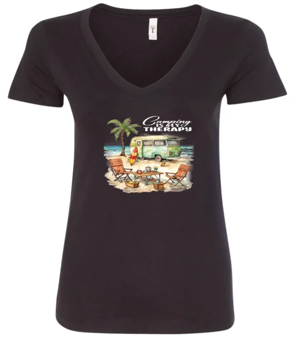 black funny camping v-neck t-shirt featuring a green camper in the beach with a red and yellow kayak outside with a quote saying camping is my therapy