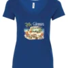 blue funny camping v-neck t-shirt featuring a green camper in the beach with a red and yellow kayak outside with a quote saying camping is my therapy