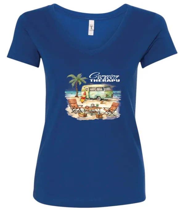 blue funny camping v-neck t-shirt featuring a green camper in the beach with a red and yellow kayak outside with a quote saying camping is my therapy