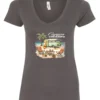 gray funny camping v-neck t-shirt featuring a green camper in the beach with a red and yellow kayak outside with a quote saying camping is my therapy
