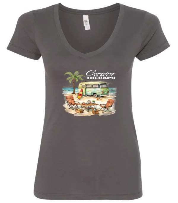 gray funny camping v-neck t-shirt featuring a green camper in the beach with a red and yellow kayak outside with a quote saying camping is my therapy