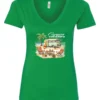 green funny camping v-neck t-shirt featuring a green camper in the beach with a red and yellow kayak outside with a quote saying camping is my therapy