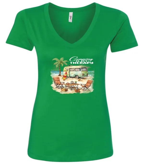 green funny camping v-neck t-shirt featuring a green camper in the beach with a red and yellow kayak outside with a quote saying camping is my therapy