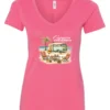 pink funny camping v-neck t-shirt featuring a green camper in the beach with a red and yellow kayak outside with a quote saying camping is my therapy