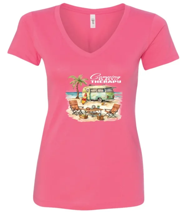 pink funny camping v-neck t-shirt featuring a green camper in the beach with a red and yellow kayak outside with a quote saying camping is my therapy