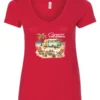 red funny camping v-neck t-shirt featuring a green camper in the beach with a red and yellow kayak outside with a quote saying camping is my therapy