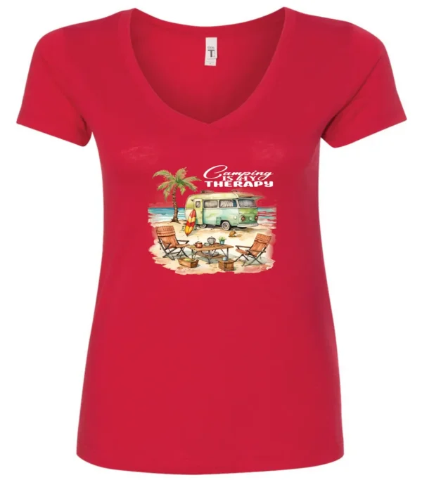 red funny camping v-neck t-shirt featuring a green camper in the beach with a red and yellow kayak outside with a quote saying camping is my therapy