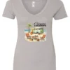 silver funny camping v-neck t-shirt featuring a green camper in the beach with a red and yellow kayak outside with a quote saying camping is my therapy