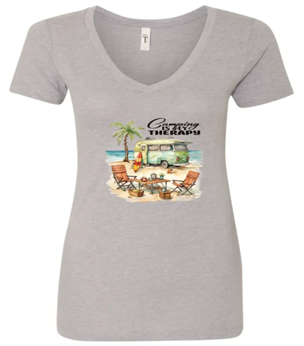 silver funny camping v-neck t-shirt featuring a green camper in the beach with a red and yellow kayak outside with a quote saying camping is my therapy