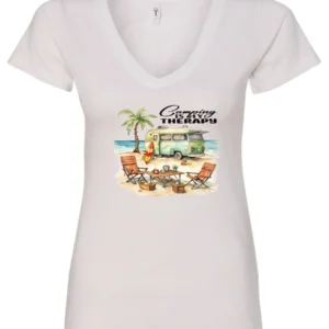 white funny camping v-neck t-shirt featuring a green camper in the beach with a red and yellow kayak outside with a quote saying camping is my therapy