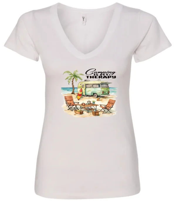 white funny camping v-neck t-shirt featuring a green camper in the beach with a red and yellow kayak outside with a quote saying camping is my therapy
