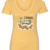 yellow funny camping v-neck t-shirt featuring a green camper in the beach with a red and yellow kayak outside with a quote saying camping is my therapy