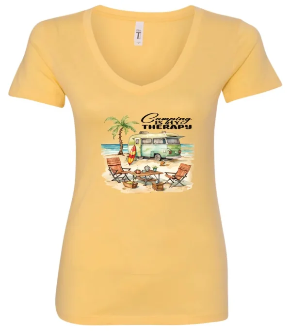 yellow funny camping v-neck t-shirt featuring a green camper in the beach with a red and yellow kayak outside with a quote saying camping is my therapy