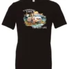 black camping life t-shirt featuring an old model camper in the lake with the mountains and sunset as background, and it says camping life, the best life