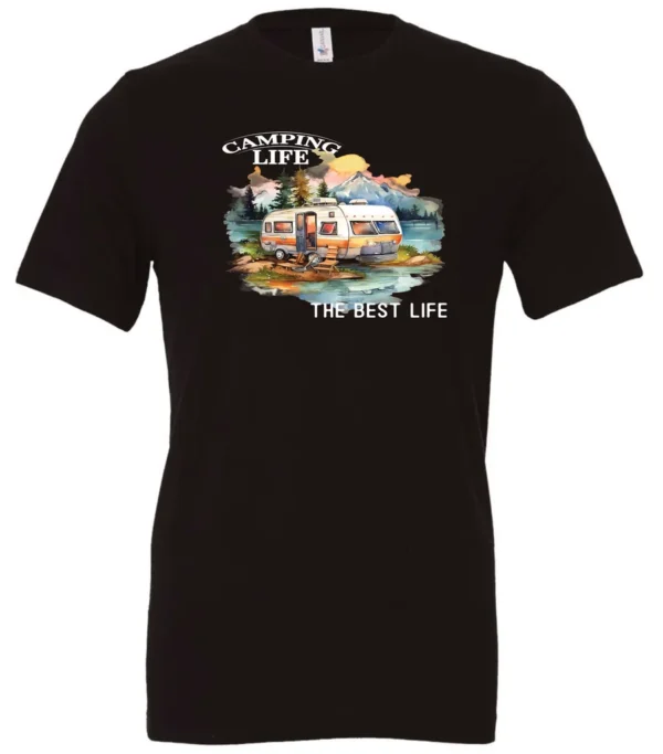 black camping life t-shirt featuring an old model camper in the lake with the mountains and sunset as background, and it says camping life, the best life