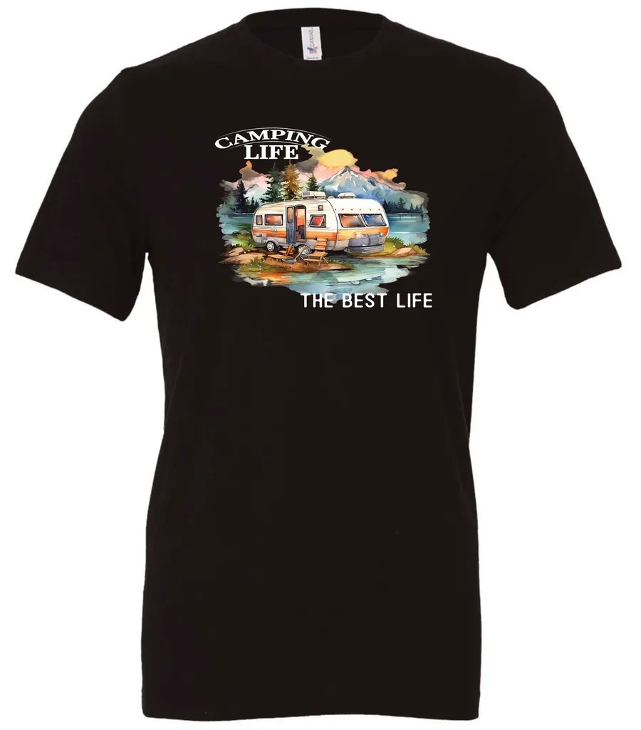black camping life t-shirt featuring an old model camper in the lake with the mountains and sunset as background, and it says camping life, the best life