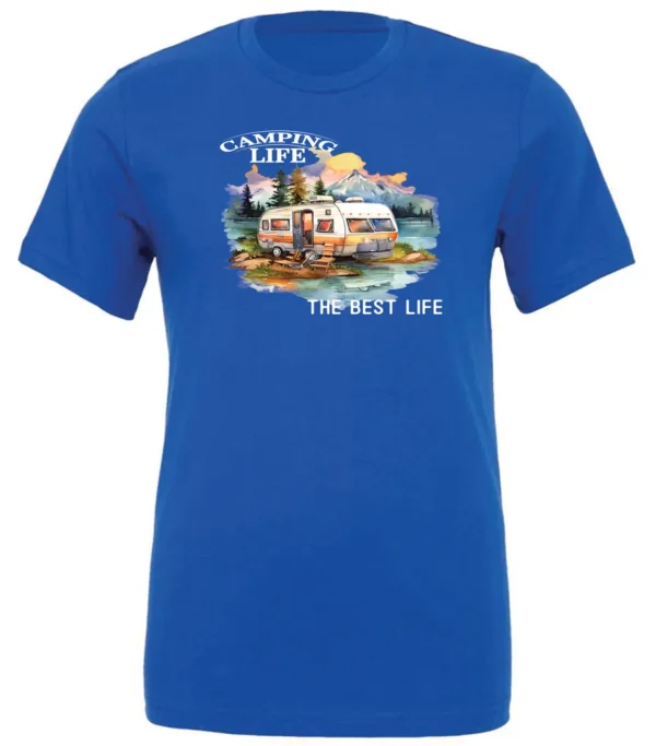 blue camping life t-shirt featuring an old model camper in the lake with the mountains and sunset as background, and it says camping life, the best life