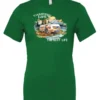 green camping life t-shirt featuring an old model camper in the lake with the mountains and sunset as background, and it says camping life, the best life