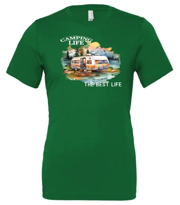 green camping life t-shirt featuring an old model camper in the lake with the mountains and sunset as background, and it says camping life, the best life