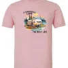 pink camping life t-shirt featuring an old model camper in the lake with the mountains and sunset as background, and it says camping life, the best life