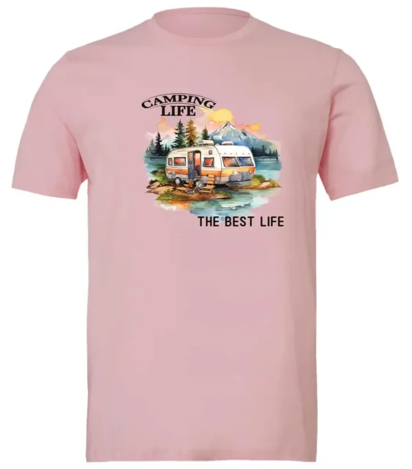 pink camping life t-shirt featuring an old model camper in the lake with the mountains and sunset as background, and it says camping life, the best life
