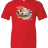 red camping life t-shirt featuring an old model camper in the lake with the mountains and sunset as background, and it says camping life, the best life