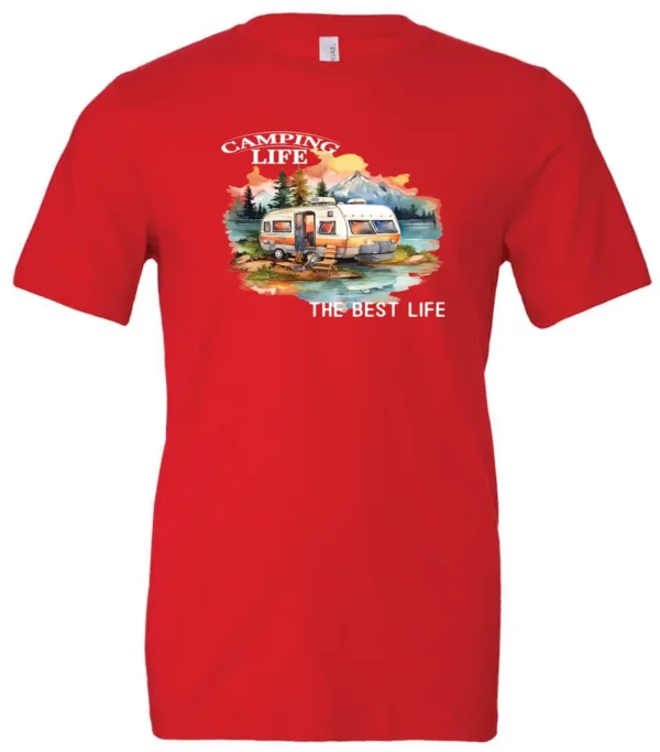 red camping life t-shirt featuring an old model camper in the lake with the mountains and sunset as background, and it says camping life, the best life