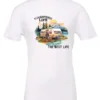 white camping life t-shirt featuring an old model camper in the lake with the mountains and sunset as background, and it says camping life, the best life