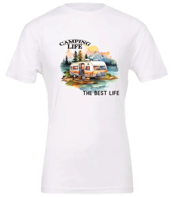 white camping life t-shirt featuring an old model camper in the lake with the mountains and sunset as background, and it says camping life, the best life