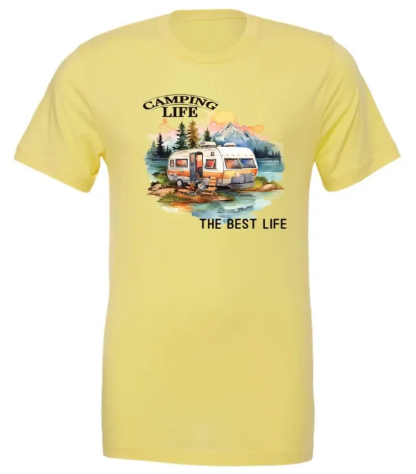 yellow camping life t-shirt featuring an old model camper in the lake with the mountains and sunset as background, and it says camping life, the best life