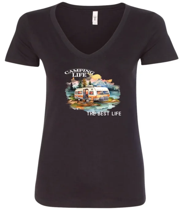 black camping life v-neck t-shirt featuring an old model camper in the lake with the mountains and sunset as background, and it says camping life, the best life
