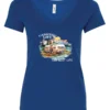 blue camping life v-neck t-shirt featuring an old model camper in the lake with the mountains and sunset as background, and it says camping life, the best life