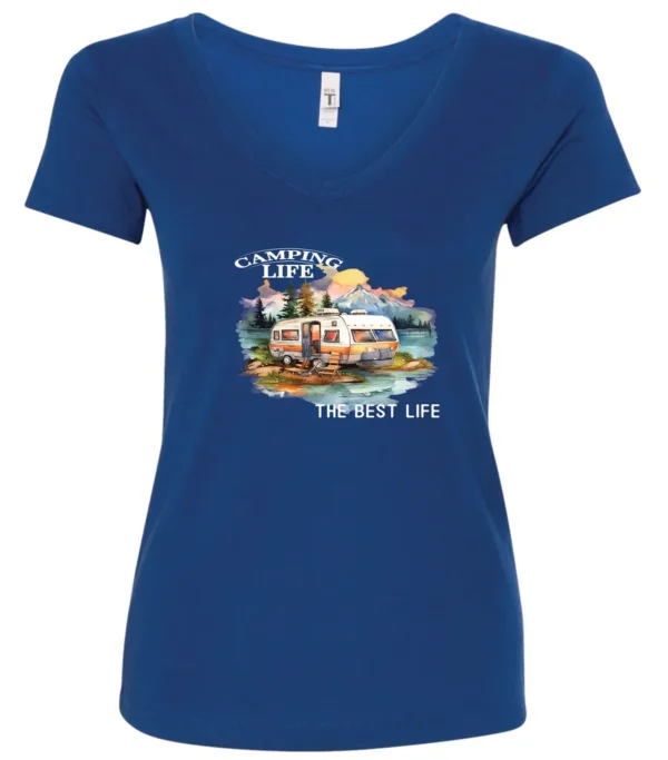blue camping life v-neck t-shirt featuring an old model camper in the lake with the mountains and sunset as background, and it says camping life, the best life