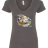 gray camping life v-neck t-shirt featuring an old model camper in the lake with the mountains and sunset as background, and it says camping life, the best life