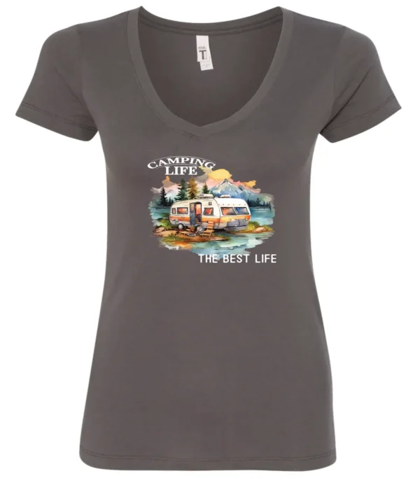 gray camping life v-neck t-shirt featuring an old model camper in the lake with the mountains and sunset as background, and it says camping life, the best life