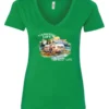 green camping life v-neck t-shirt featuring an old model camper in the lake with the mountains and sunset as background, and it says camping life, the best life