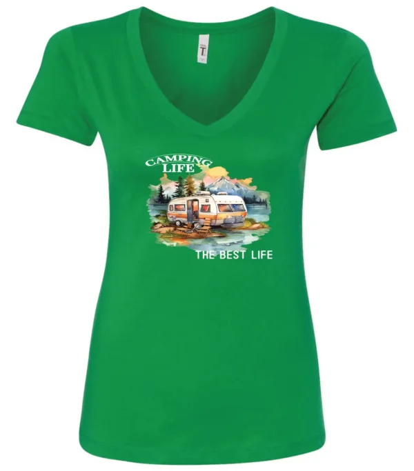 green camping life v-neck t-shirt featuring an old model camper in the lake with the mountains and sunset as background, and it says camping life, the best life
