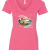 pink camping life v-neck t-shirt featuring an old model camper in the lake with the mountains and sunset as background, and it says camping life, the best life