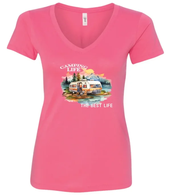 pink camping life v-neck t-shirt featuring an old model camper in the lake with the mountains and sunset as background, and it says camping life, the best life