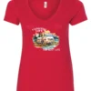 red camping life v-neck t-shirt featuring an old model camper in the lake with the mountains and sunset as background, and it says camping life, the best life
