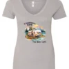 silver camping life v-neck t-shirt featuring an old model camper in the lake with the mountains and sunset as background, and it says camping life, the best life